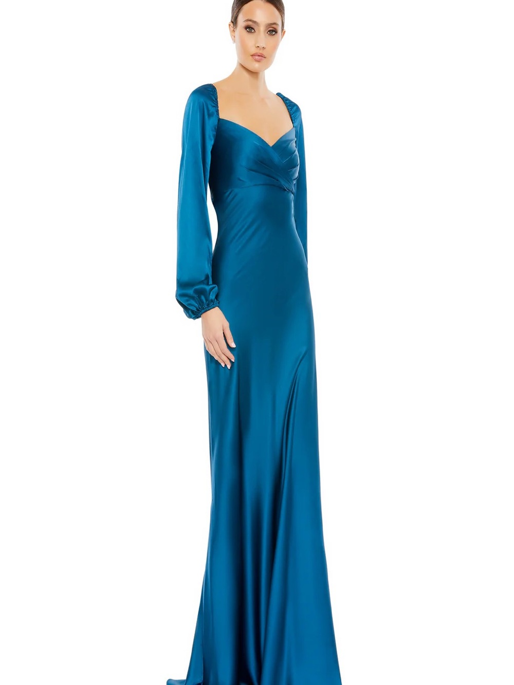 Mac Duggal Teal Satin Long Sleeve Empire Dress - Picture 2 of 3
